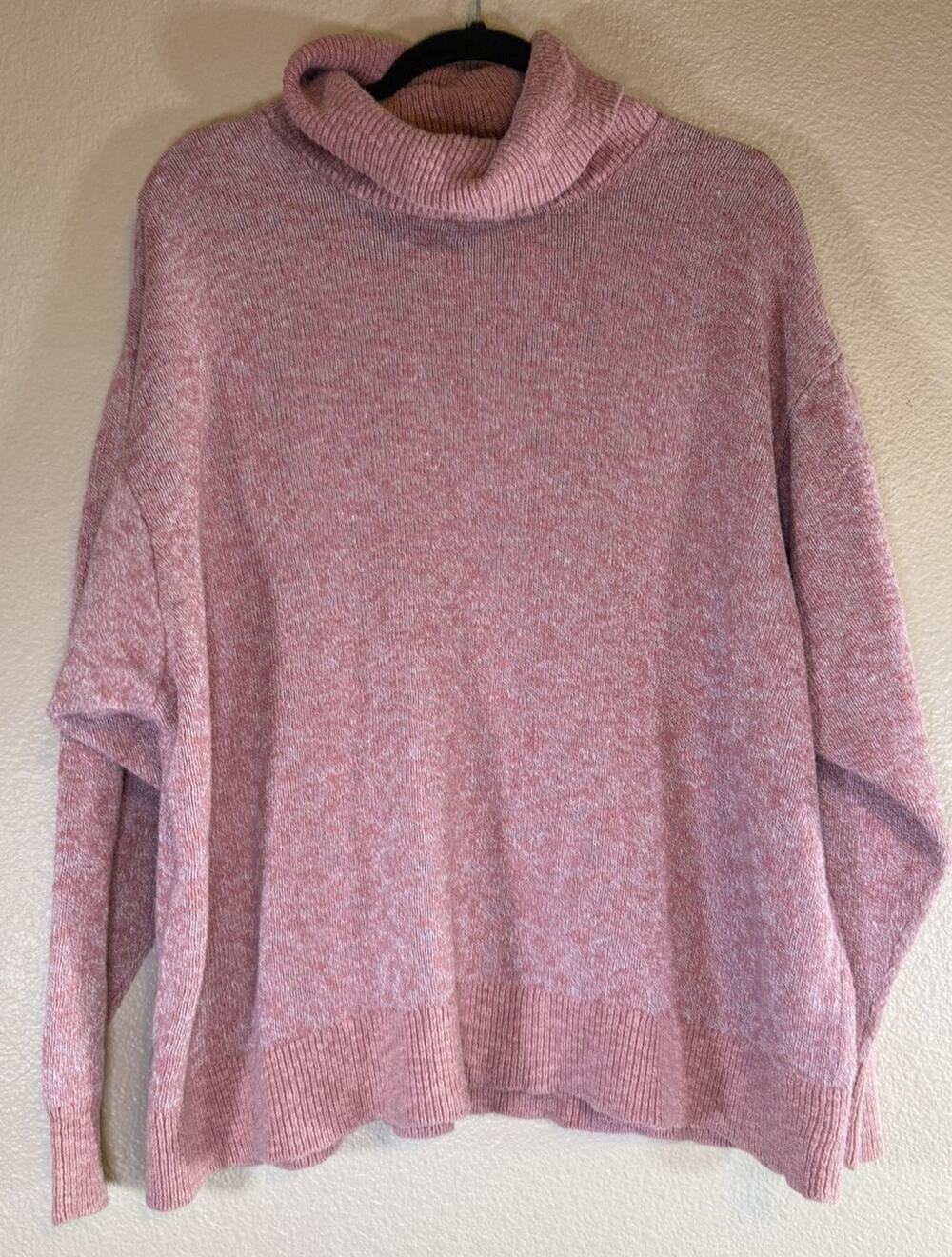 LL Bean Signature Size L Cowl Neck Sweater Pink Marled Knit Cotton Linen Blend